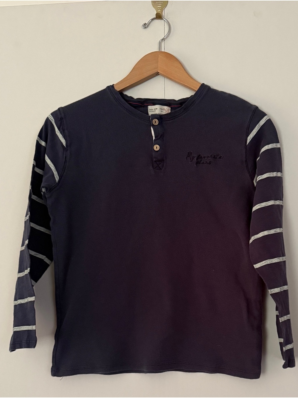 Zara Kids Navy Henley Tee with Striped Sleeve Detail